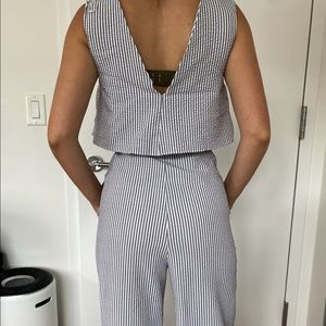 Blue and white striped jumpsuit